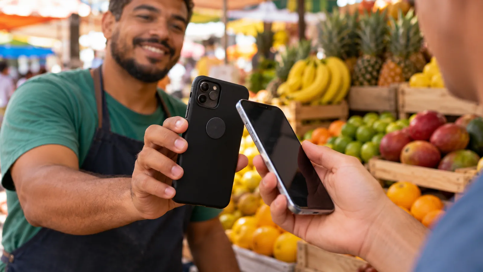 Adesivo NFC redondo colado atrás de um celular sendo aproximado de outro aparelho