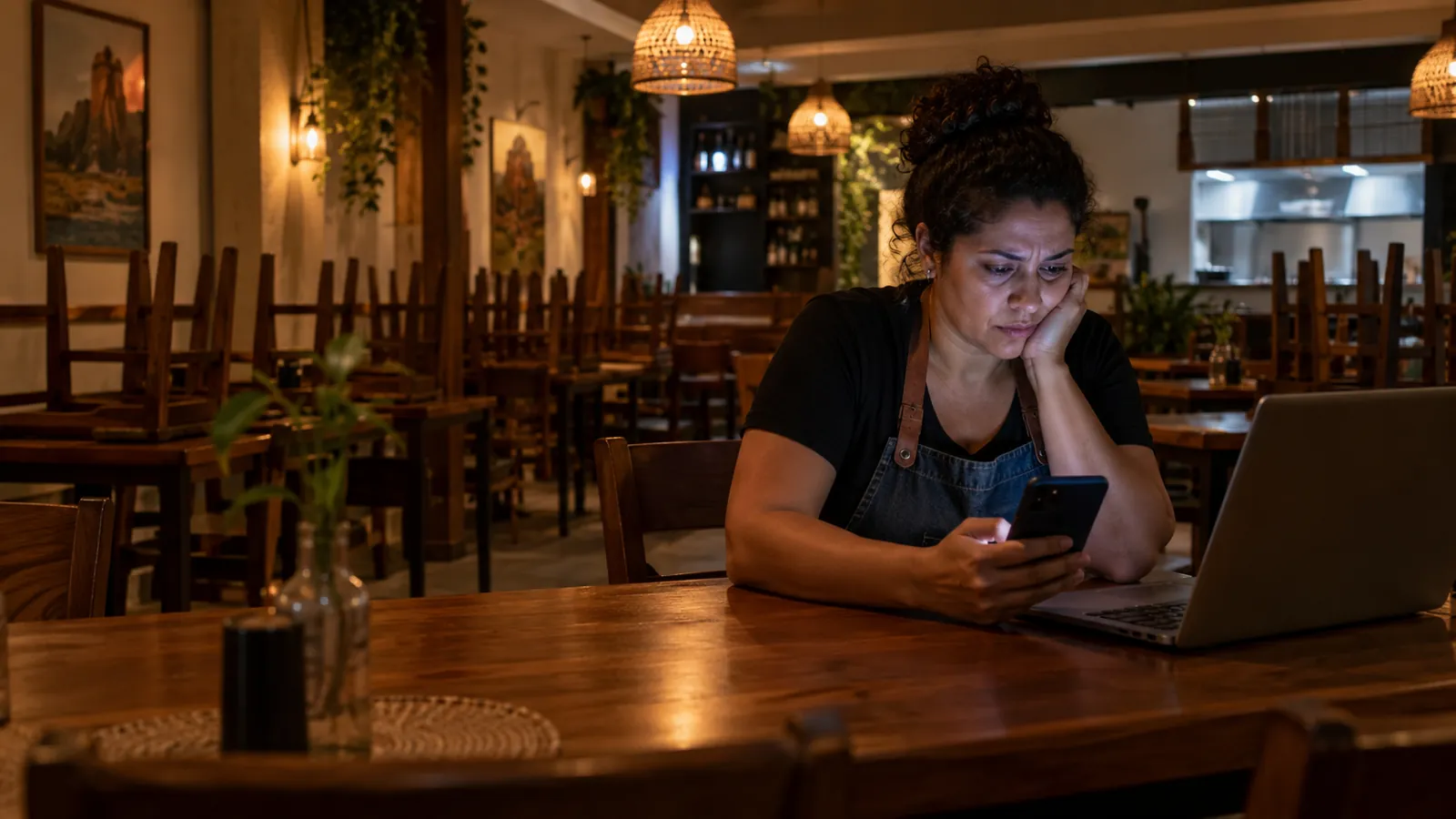 Dona de restaurante analisando no celular uma série de avaliações negativas depois do expediente
