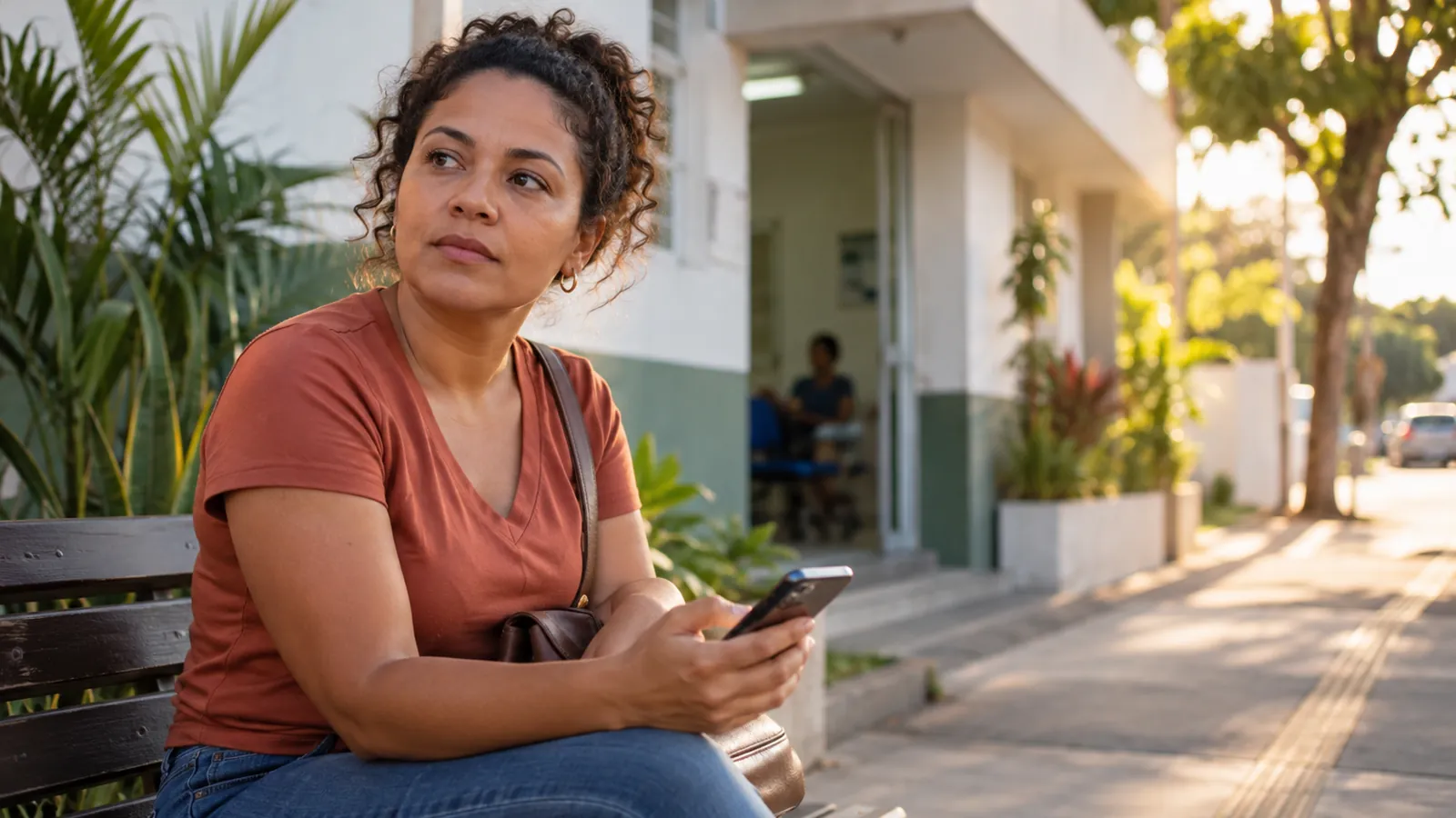Mulher sentada em frente a uma clínica de bairro olhando o celular antes de escrever uma avaliação
