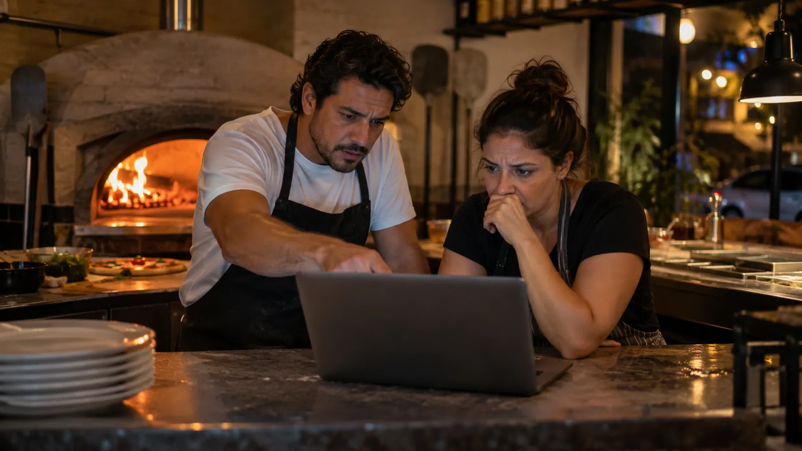 Donos de pizzaria analisando no notebook avaliações suspeitas recebidas pela empresa