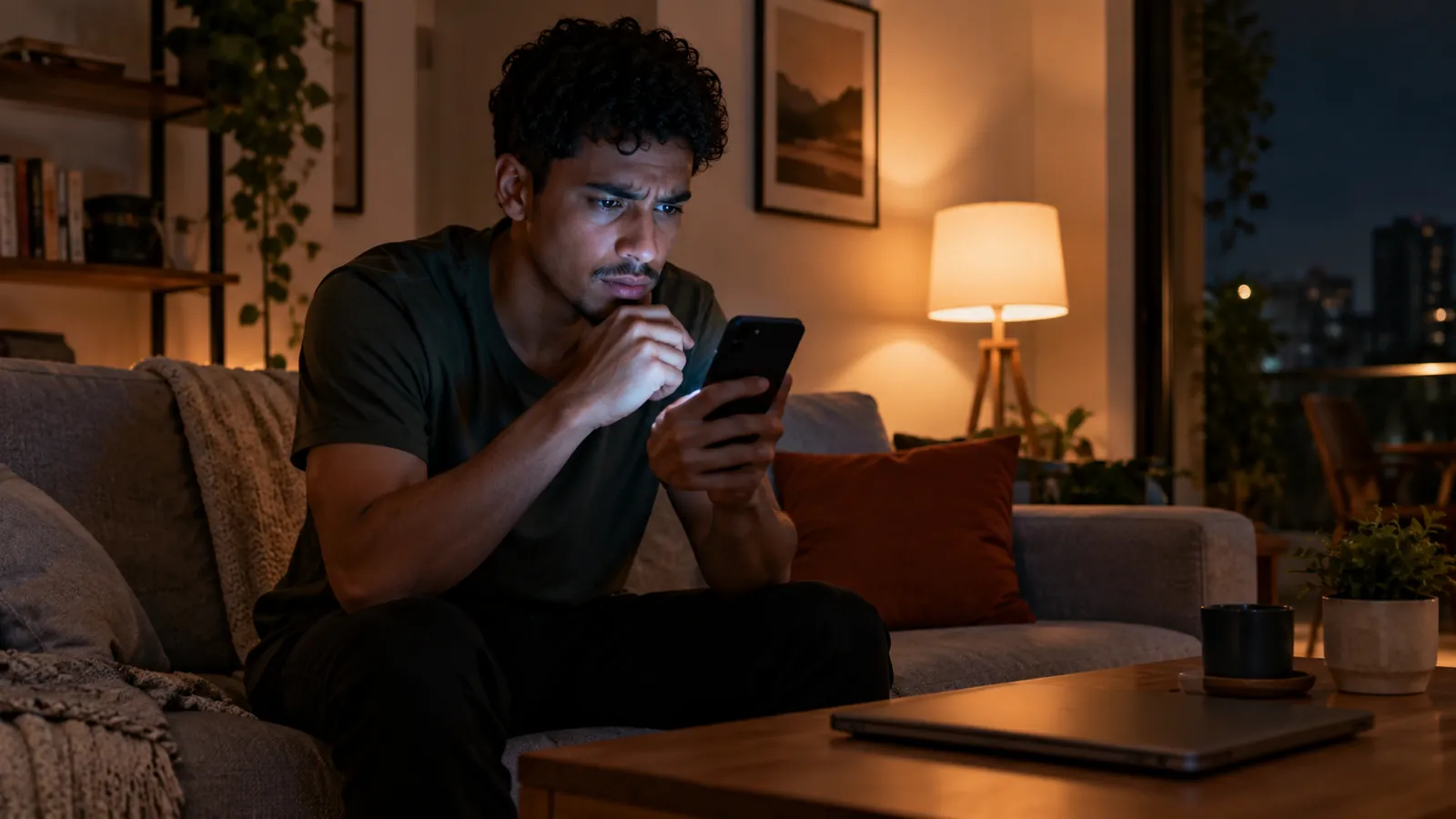 Rapaz desconfiado olhando no celular uma oferta para ganhar dinheiro avaliando empresas