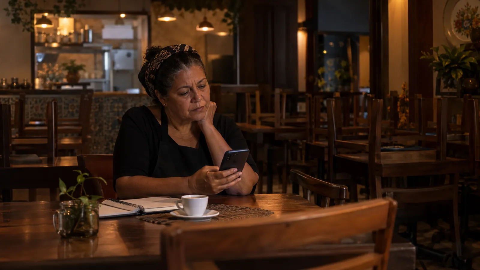 Dona de restaurante lendo uma avaliação no celular depois do expediente, com expressão séria