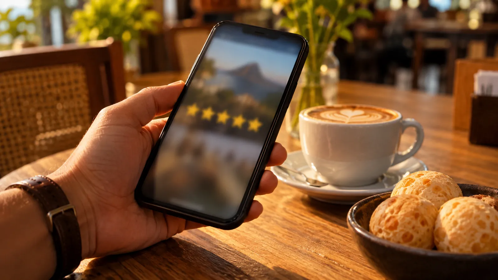 Cliente avalia uma cafeteria no Google pelo celular marcando apenas as estrelas