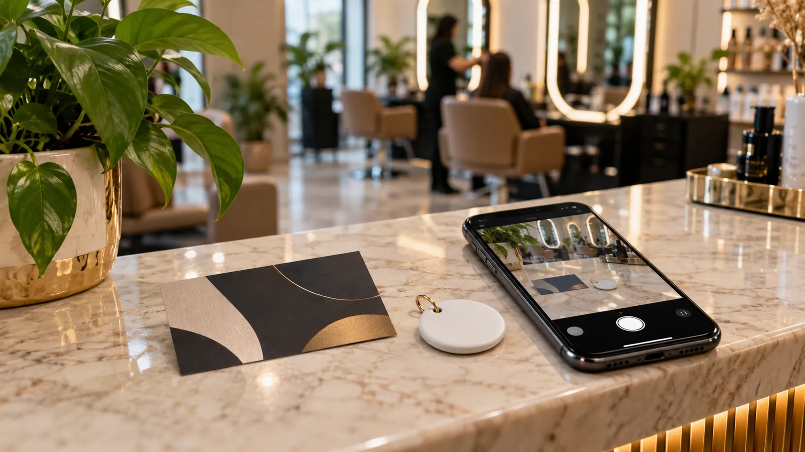 Cartão de visita impresso ao lado de um celular com a câmera aberta e de um chaveiro NFC no balcão de um salão