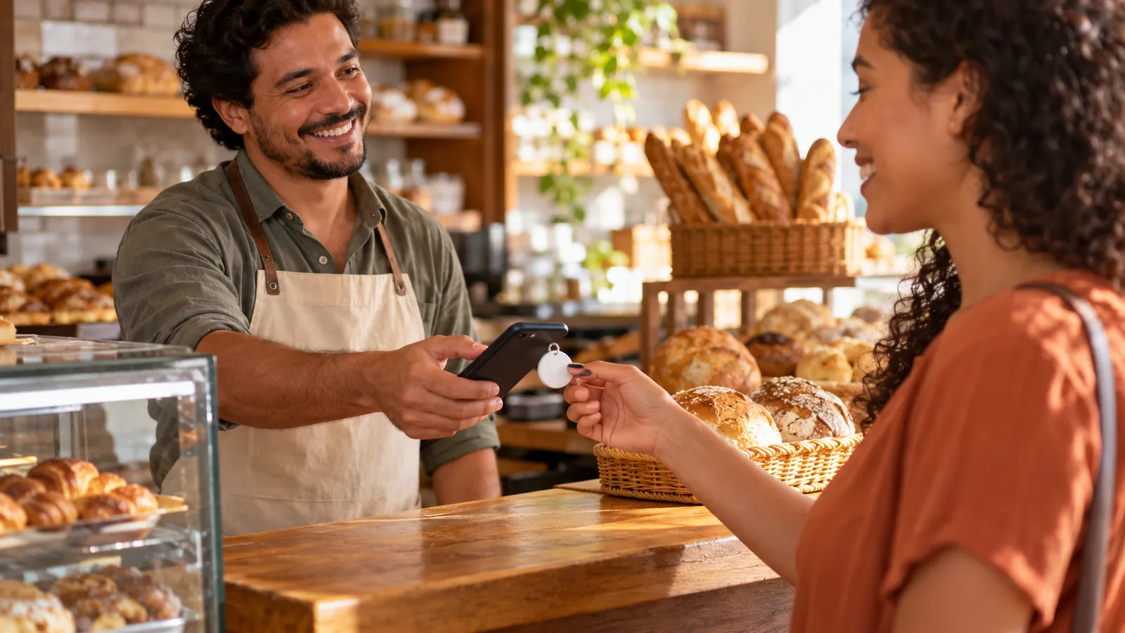 Cliente aproximando o celular de um chaveiro NFC para abrir um cartão de visita digital no balcão