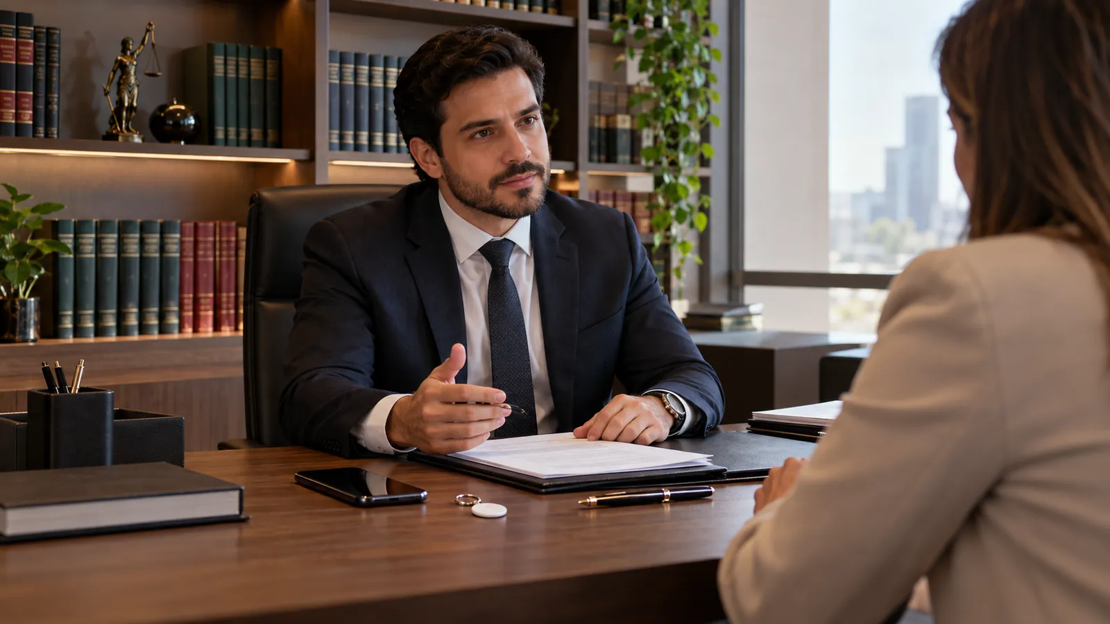 Advogada em escritório com chaveiro NFC sobre a mesa ao lado de documentos e celular