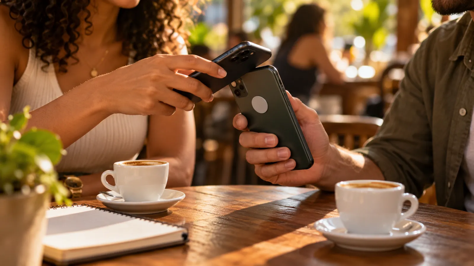 Pessoa aproximando o celular de uma tag NFC adesiva colada atrás de outro celular em uma cafeteria