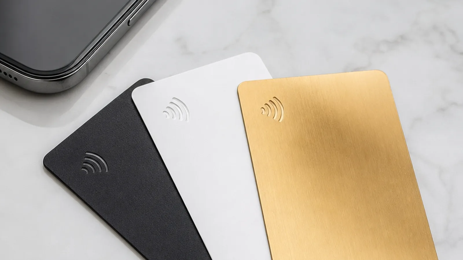 Corretor aproximando um cartão NFC do celular de um cliente em uma mesa de café