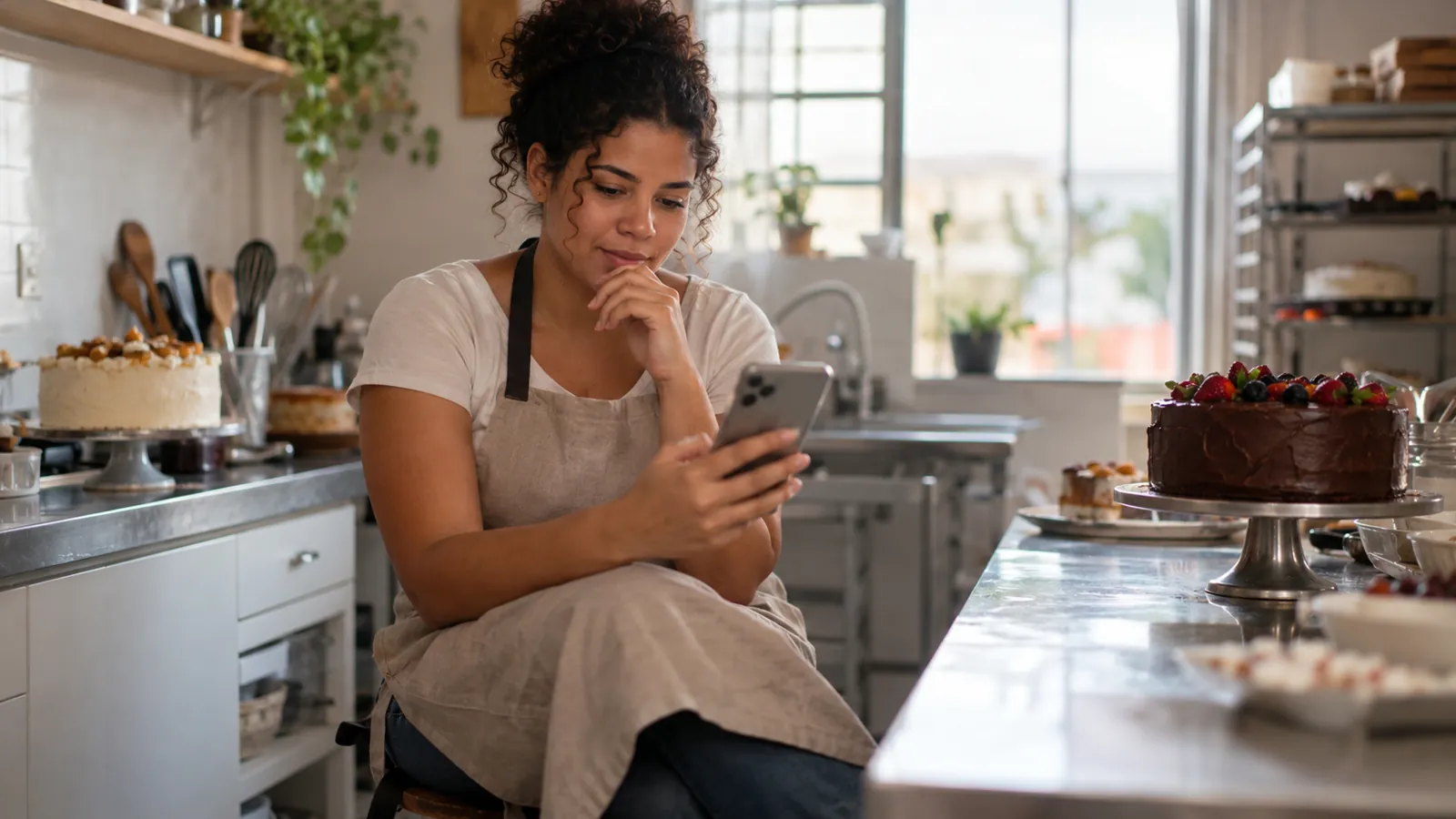 Dona de confeitaria lendo comentários do Instagram no celular na cozinha