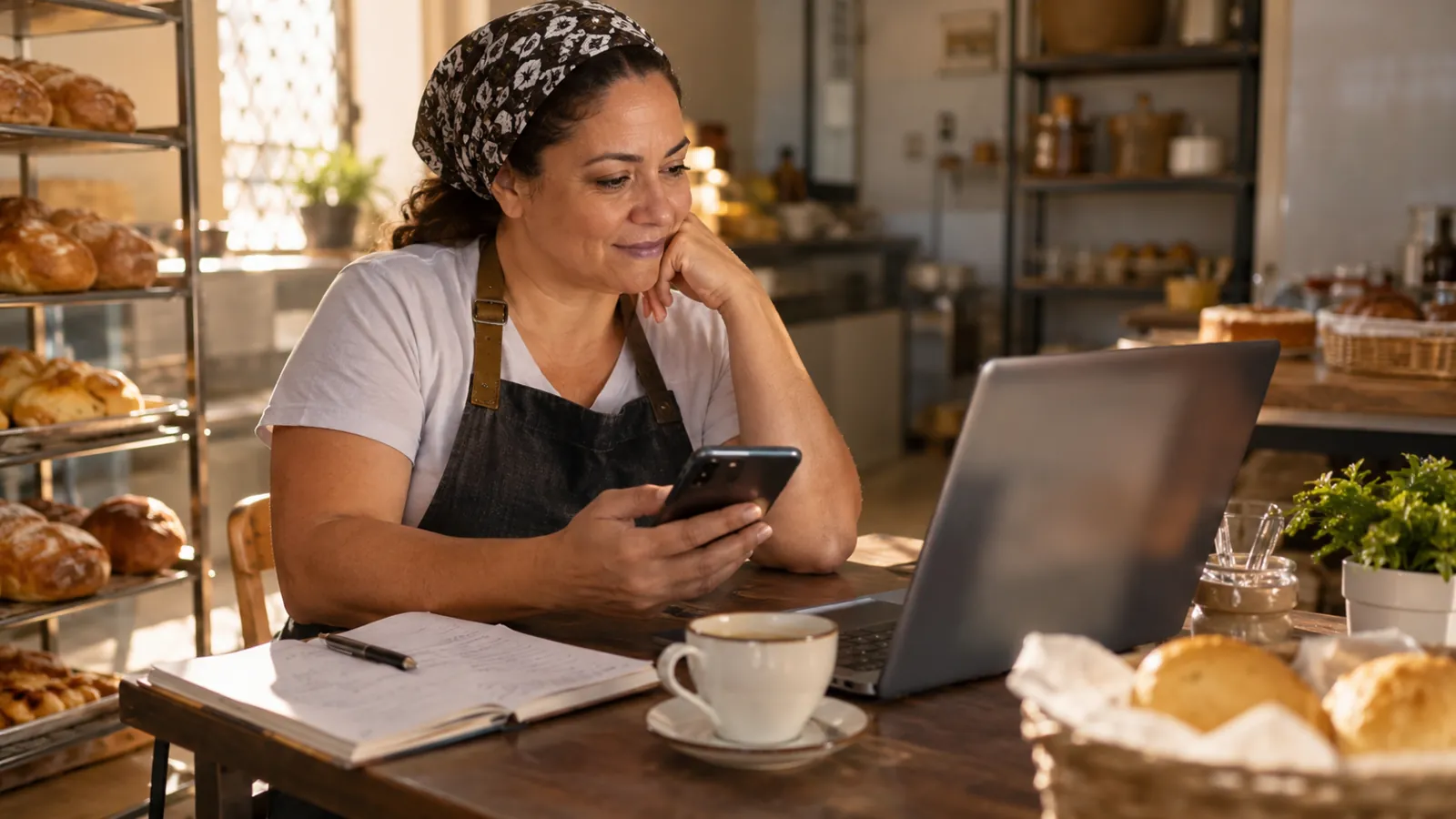 Dona de padaria acessando o perfil da empresa no Google pelo notebook e pelo celular
