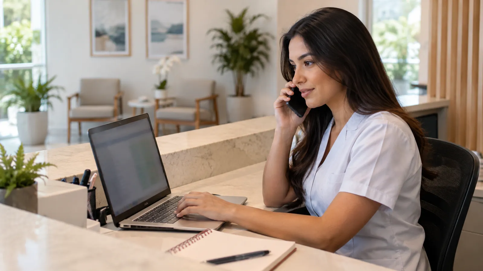 Recepcionista de clínica consultando o ID do perfil da empresa no Google enquanto fala com o suporte