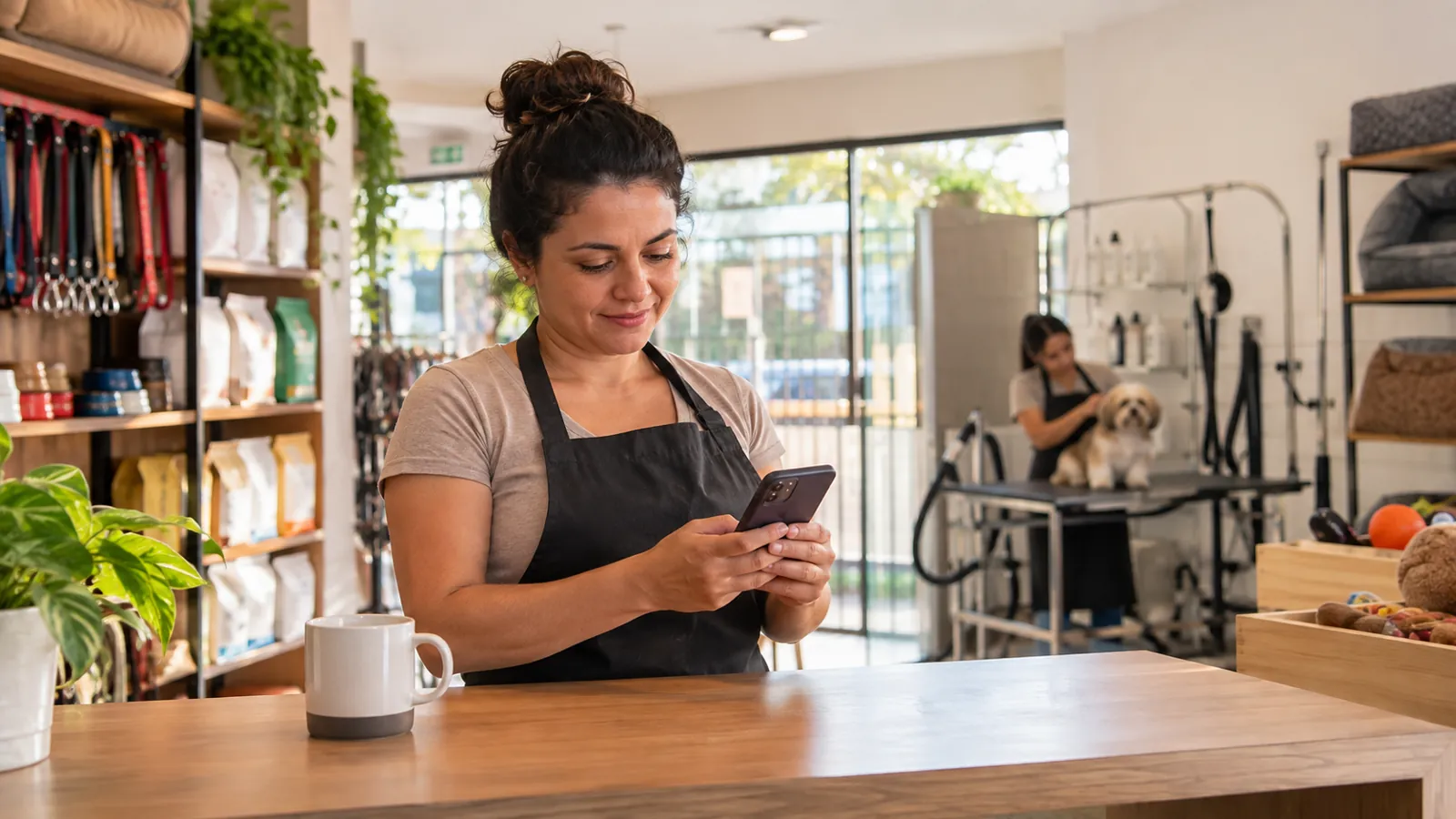 Dono de pet shop confere no celular as novas avaliações da empresa no Google antes de abrir a loja