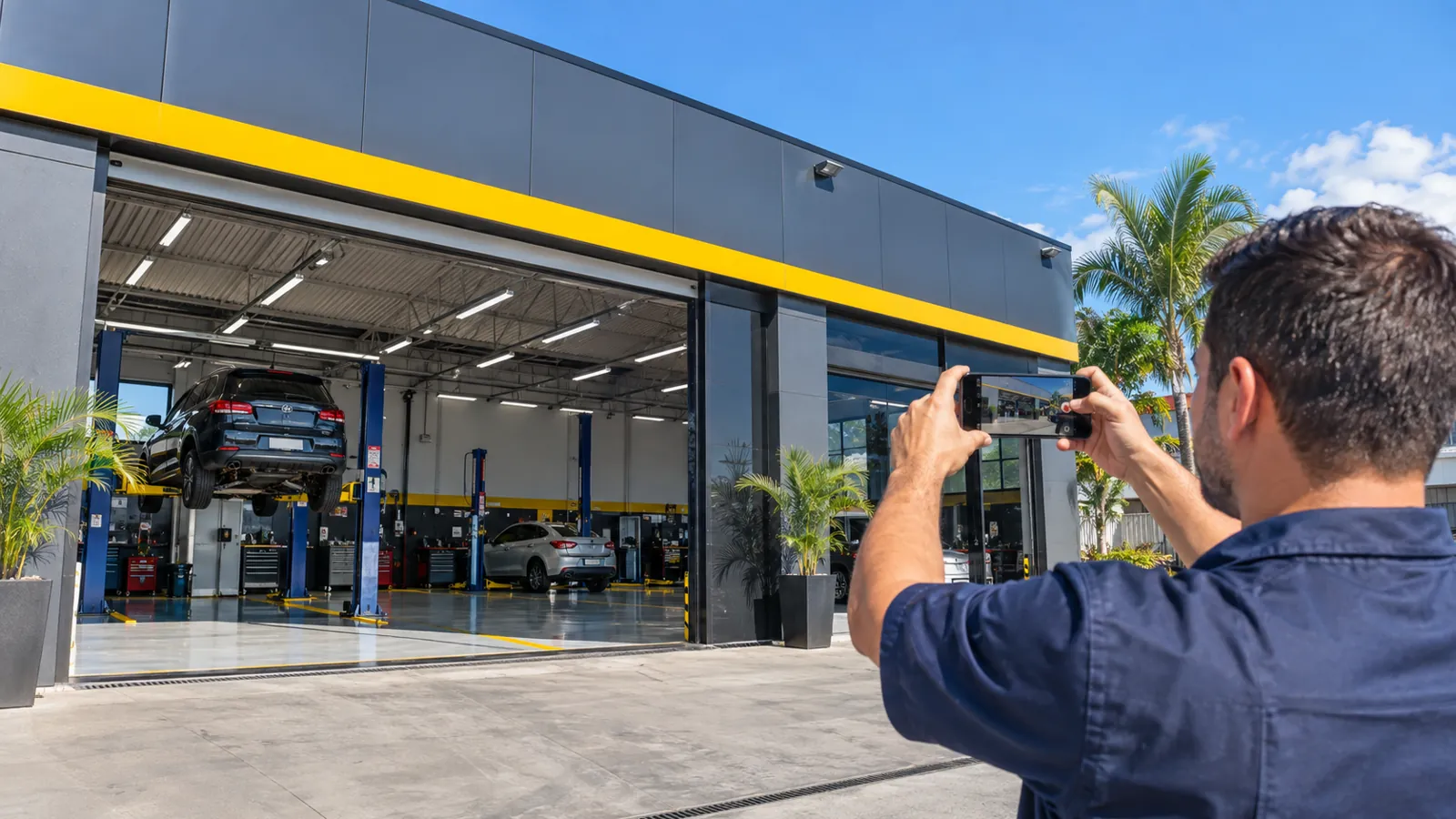 Dono de oficina mecânica fotografa a fachada para adicionar ao Google Maps da empresa