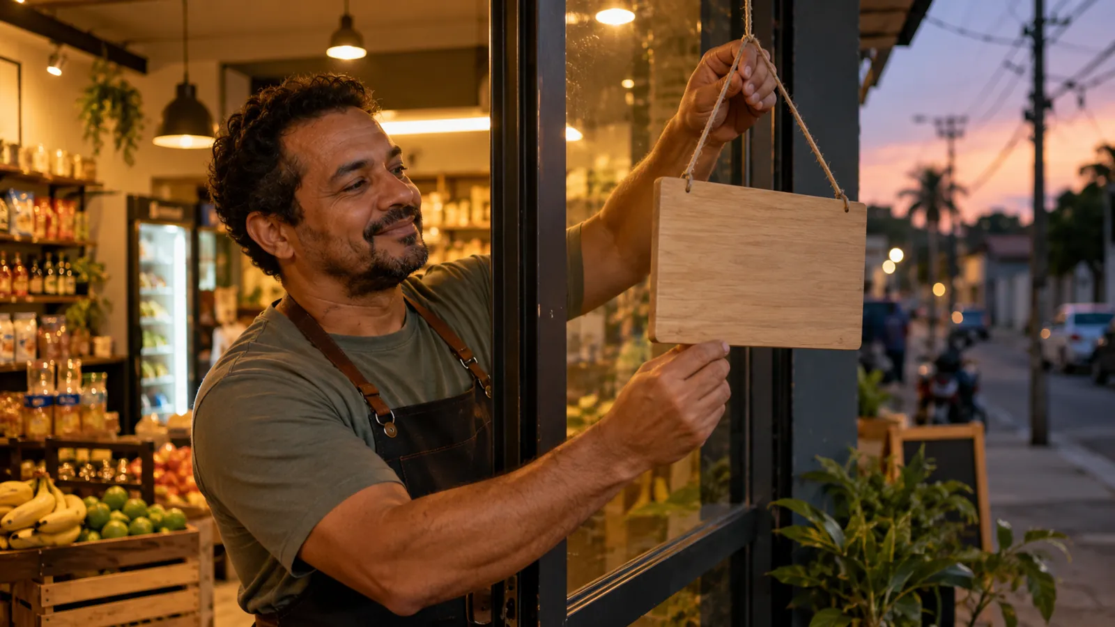 Dono de mercadinho vira a placa da porta no fim do expediente, horário que precisa estar certo no Google