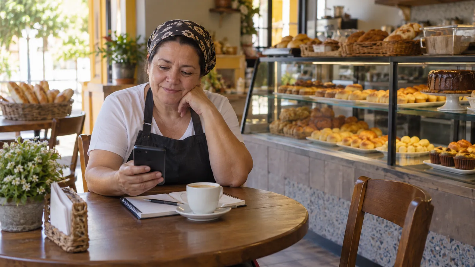 Dona de padaria atualizando o perfil da empresa pelo celular no horário calmo da tarde