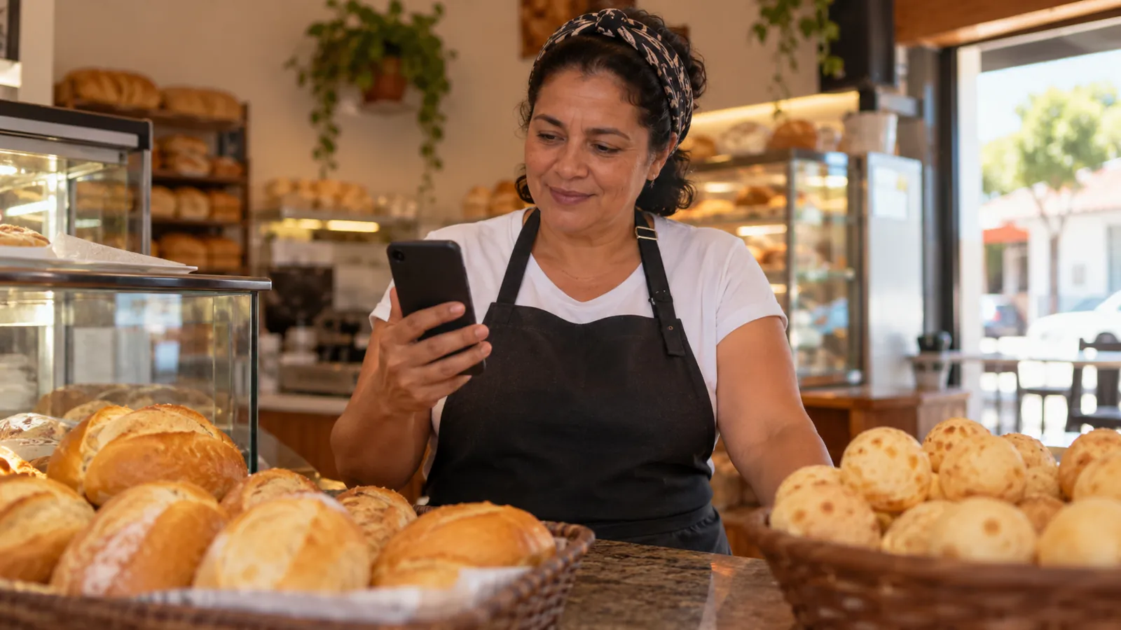 Dona de padaria consultando a busca do Google no celular atrás do balcão