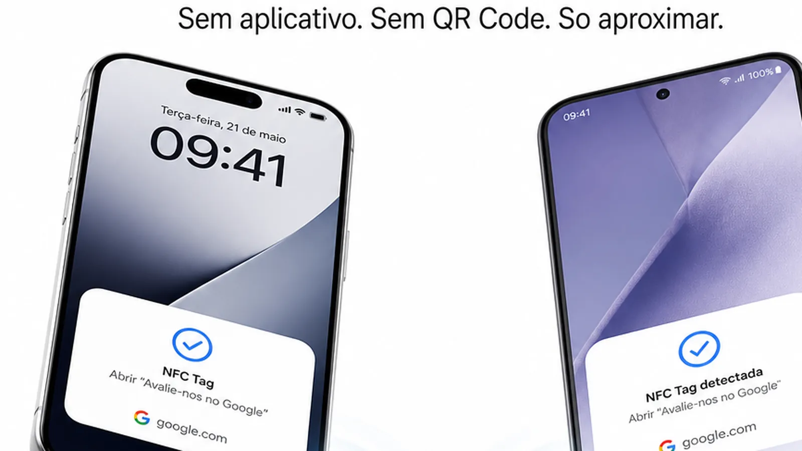 Cliente mexendo nas configurações do celular ao lado de uma placa NFC no balcão de uma barbearia