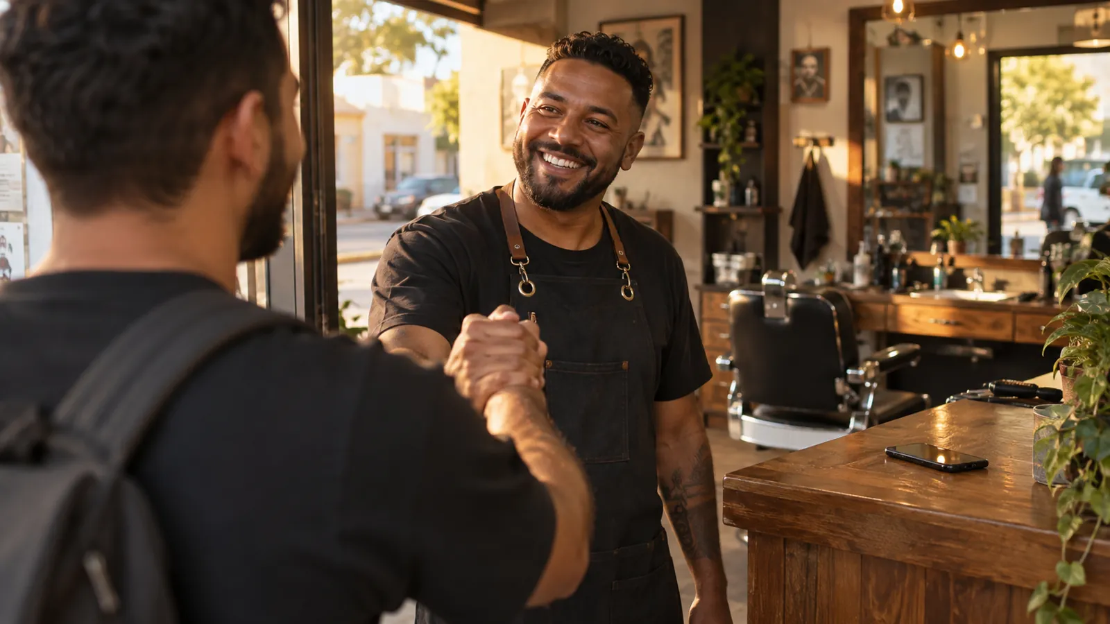 Barbeiro recebendo na porta um cliente antigo que voltou à barbearia