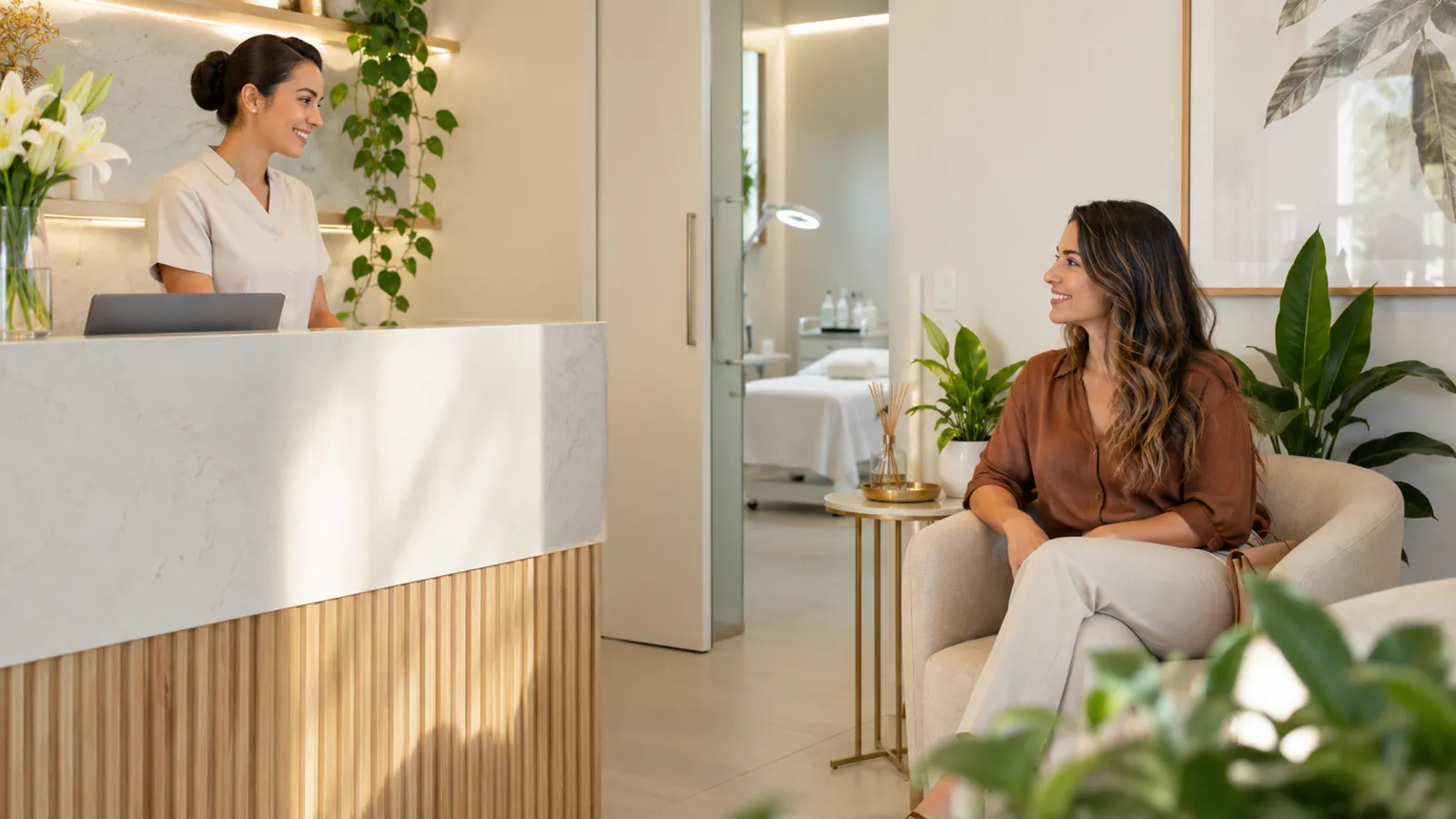 Recepção clara de uma clínica de estética com recepcionista atendendo uma cliente
