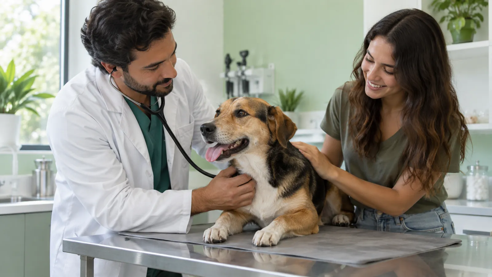 Veterinária examinando um cachorro na mesa de atendimento com a tutora ao lado