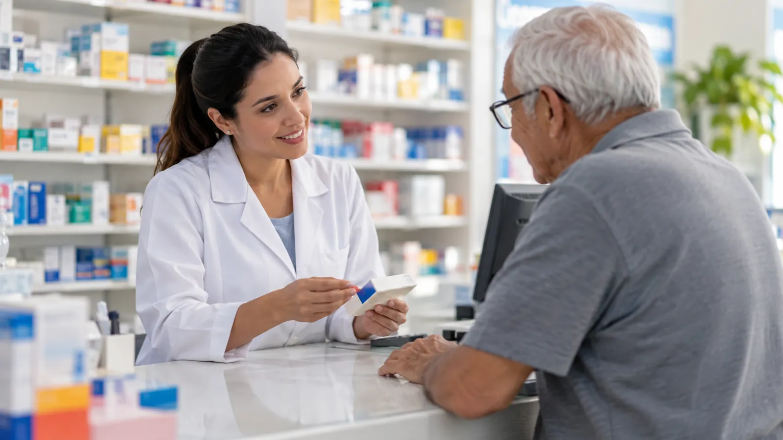 Farmacêutica conversando com um senhor no balcão de uma farmácia de bairro