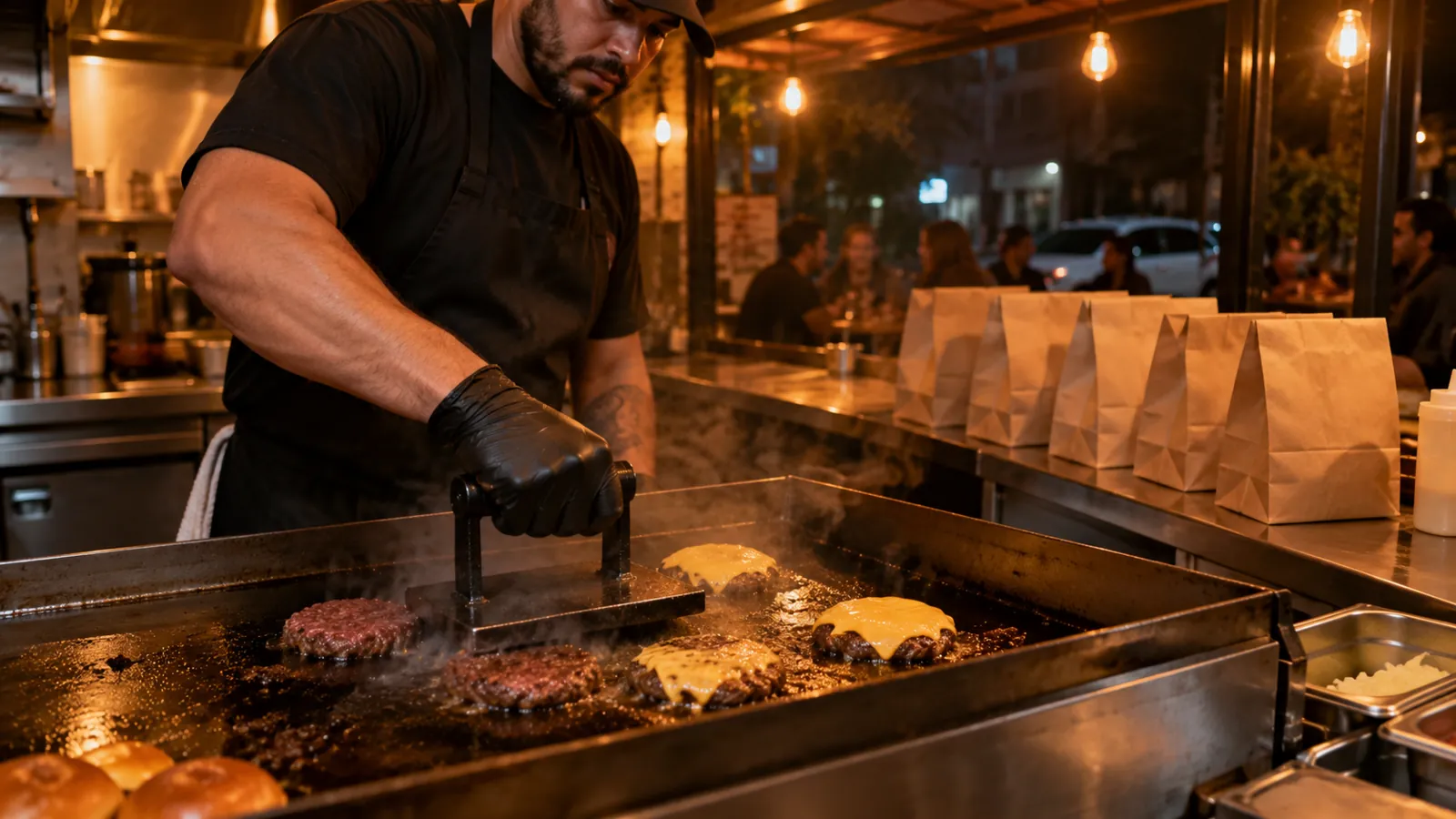 Chapeiro preparando hambúrgueres na chapa de uma hamburgueria artesanal à noite