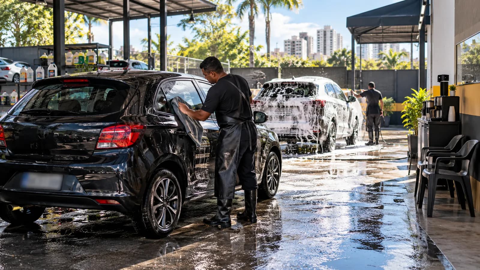 Funcionário secando carro com toalha de microfibra em um lava jato de bairro