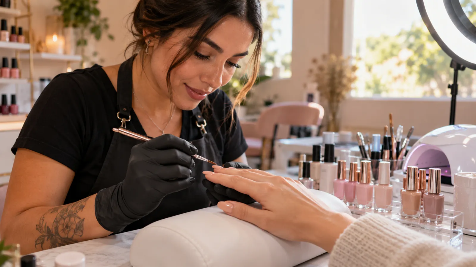 Nail designer finalizando unhas em gel de uma cliente em um pequeno estúdio