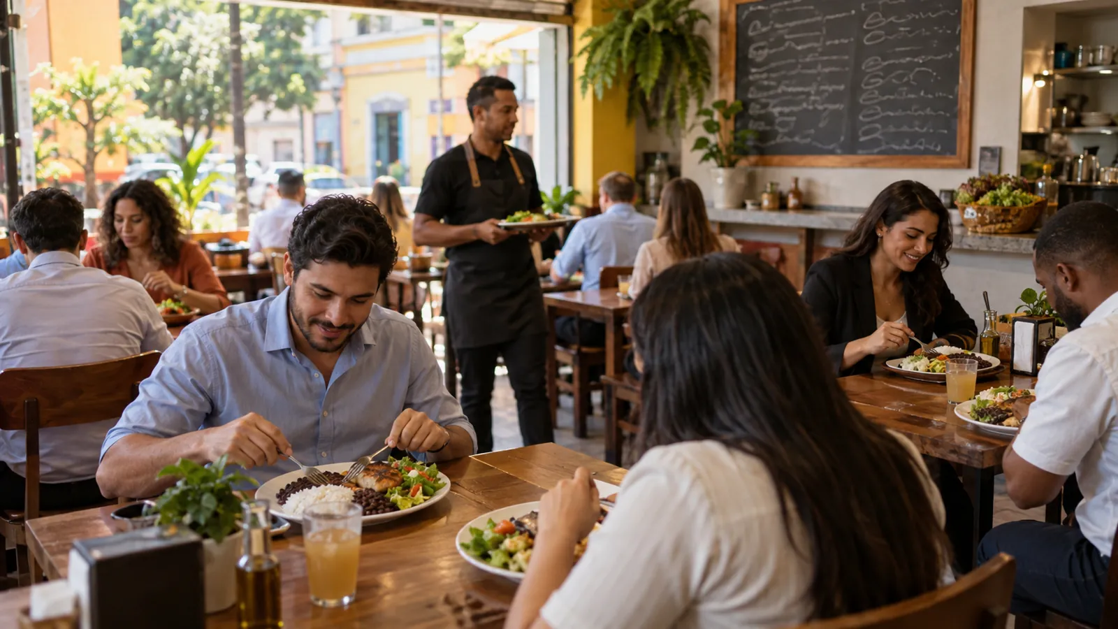 Restaurante de bairro cheio no horário de almoço, com clientes comendo prato feito