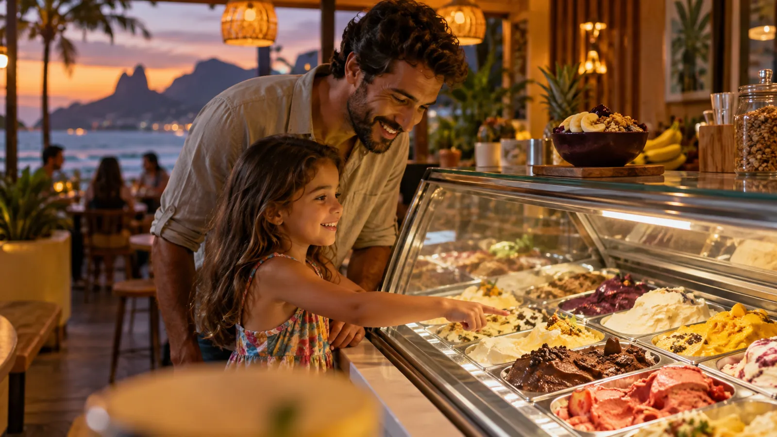 Pai e filha escolhendo sabores de sorvete no balcão de uma sorveteria com tigela de açaí