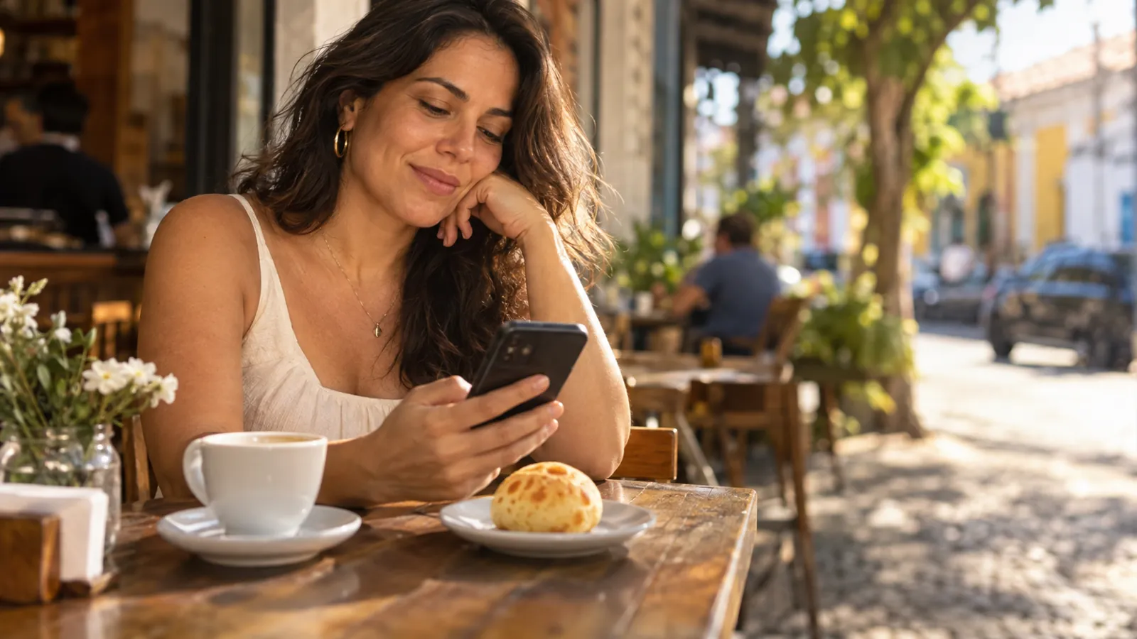 Cliente em uma cafeteria usando o celular para avaliar o lugar no Google