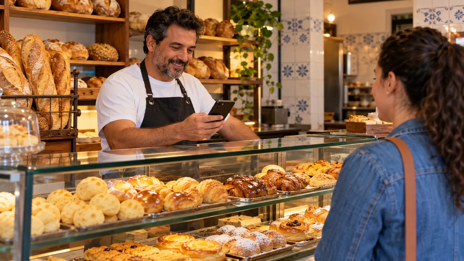 Dono de padaria segurando o celular atrás da vitrine de pães