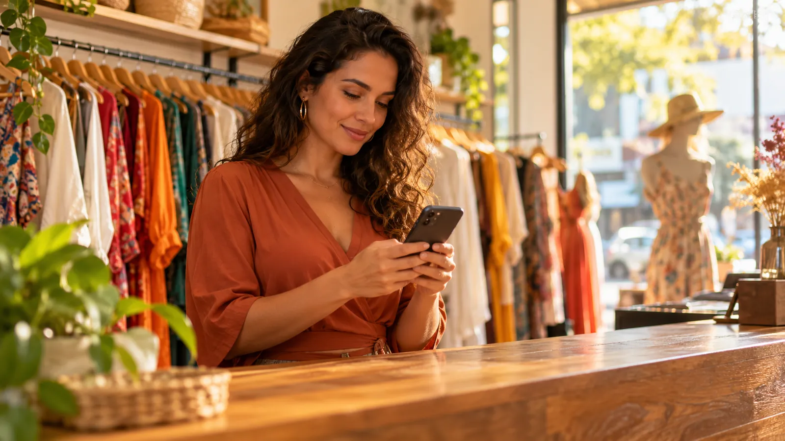 Dona de loja de roupas mexendo no celular atrás do balcão