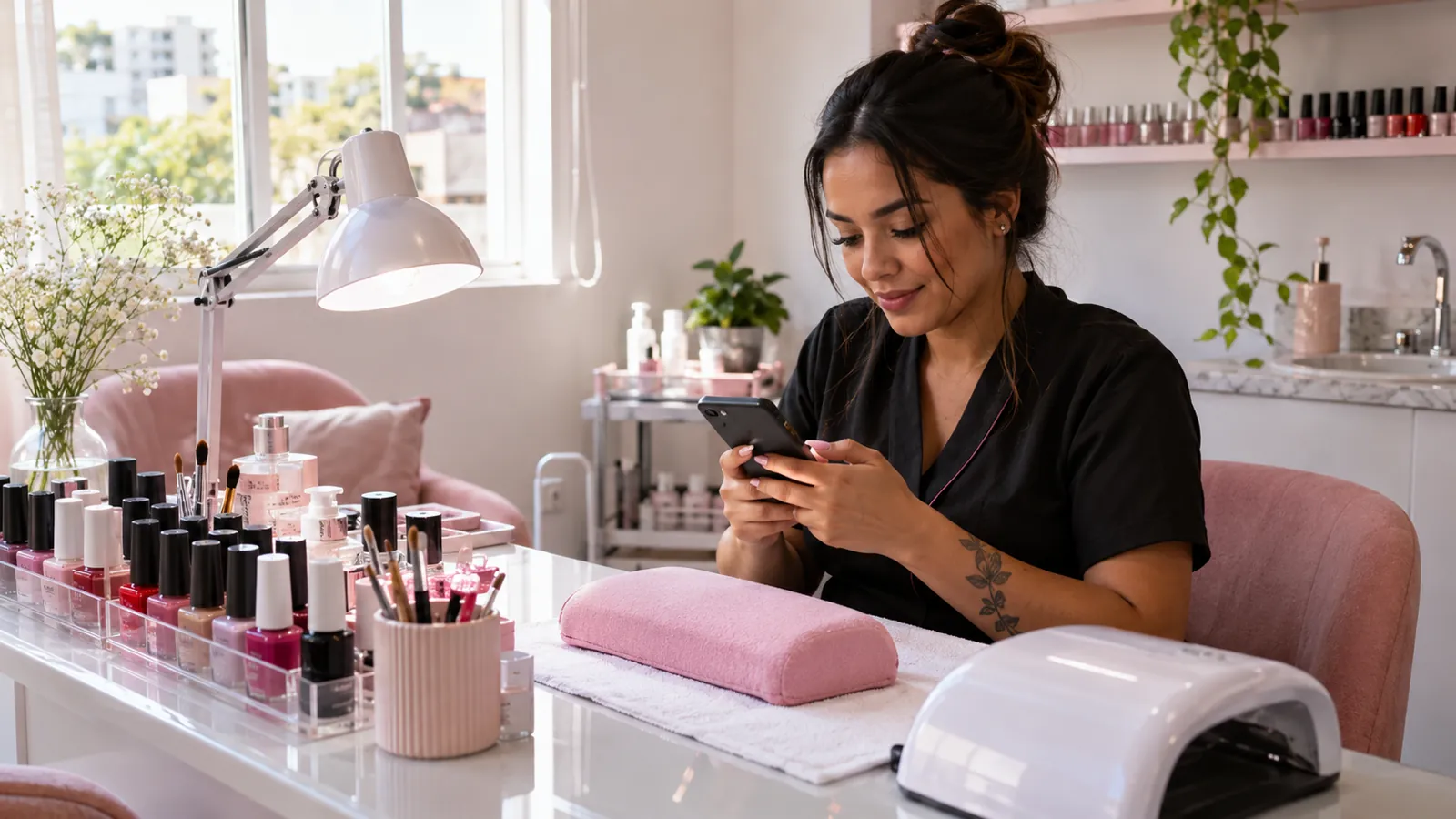 Manicure respondendo mensagens de clientes no celular na bancada do salão
