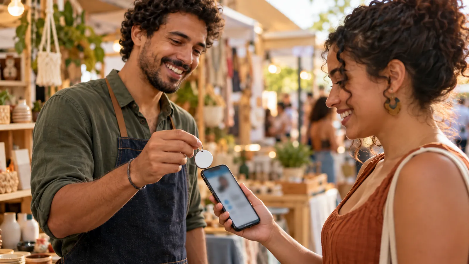 Duas pessoas trocando contato em uma feira encostando um chaveiro NFC no celular