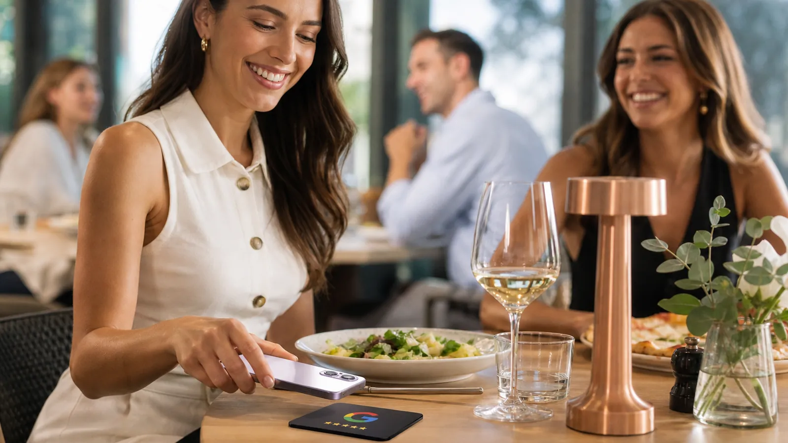 Cliente de restaurante aproximando o celular de uma placa NFC de avaliação na mesa
