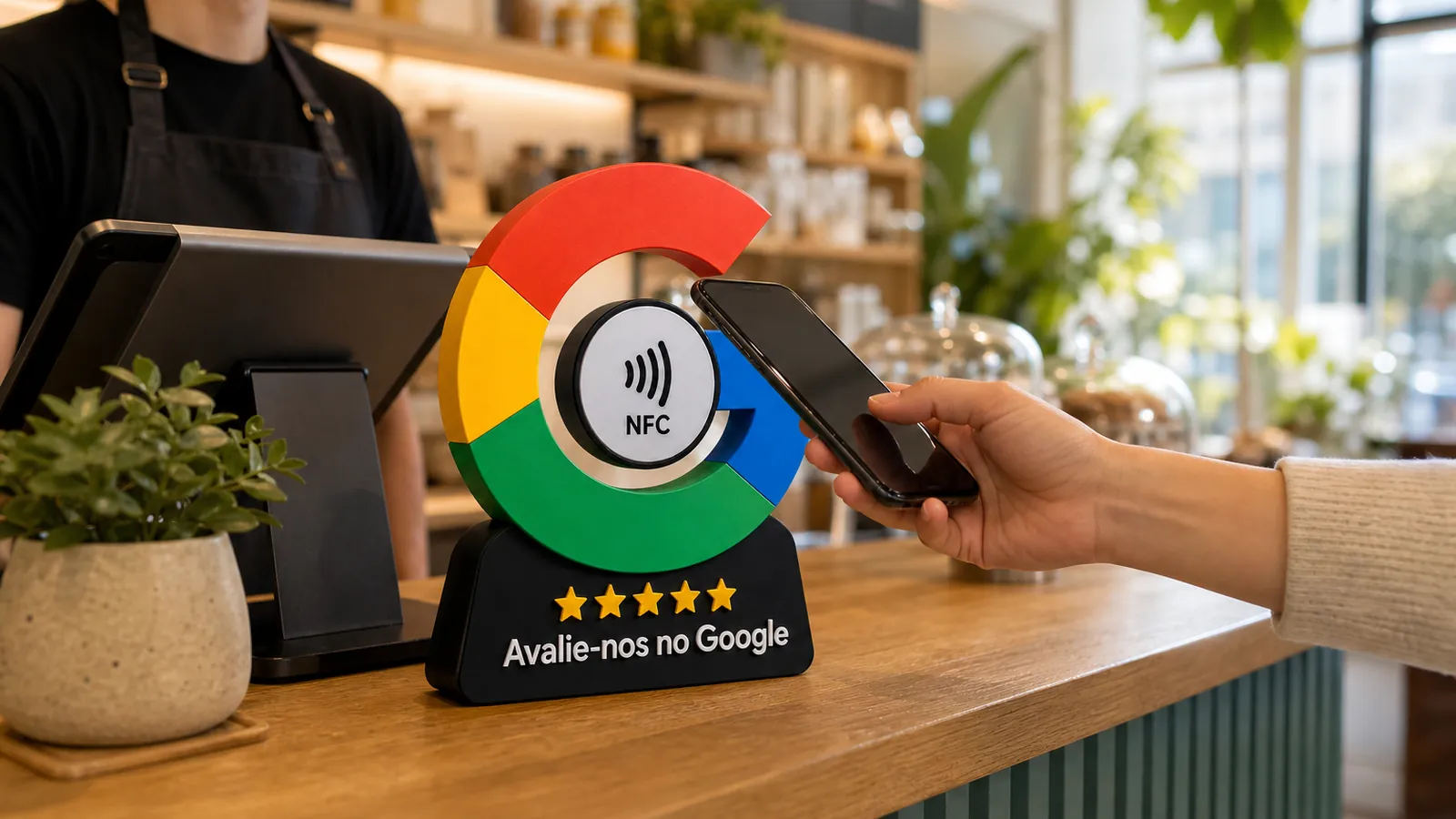 Cliente aproxima o celular de uma placa NFC no balcão de uma padaria para avaliar a empresa no Google