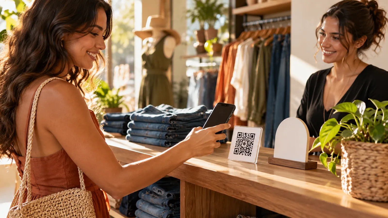 Cliente apontando o celular para um código impresso no balcão de uma loja de roupas