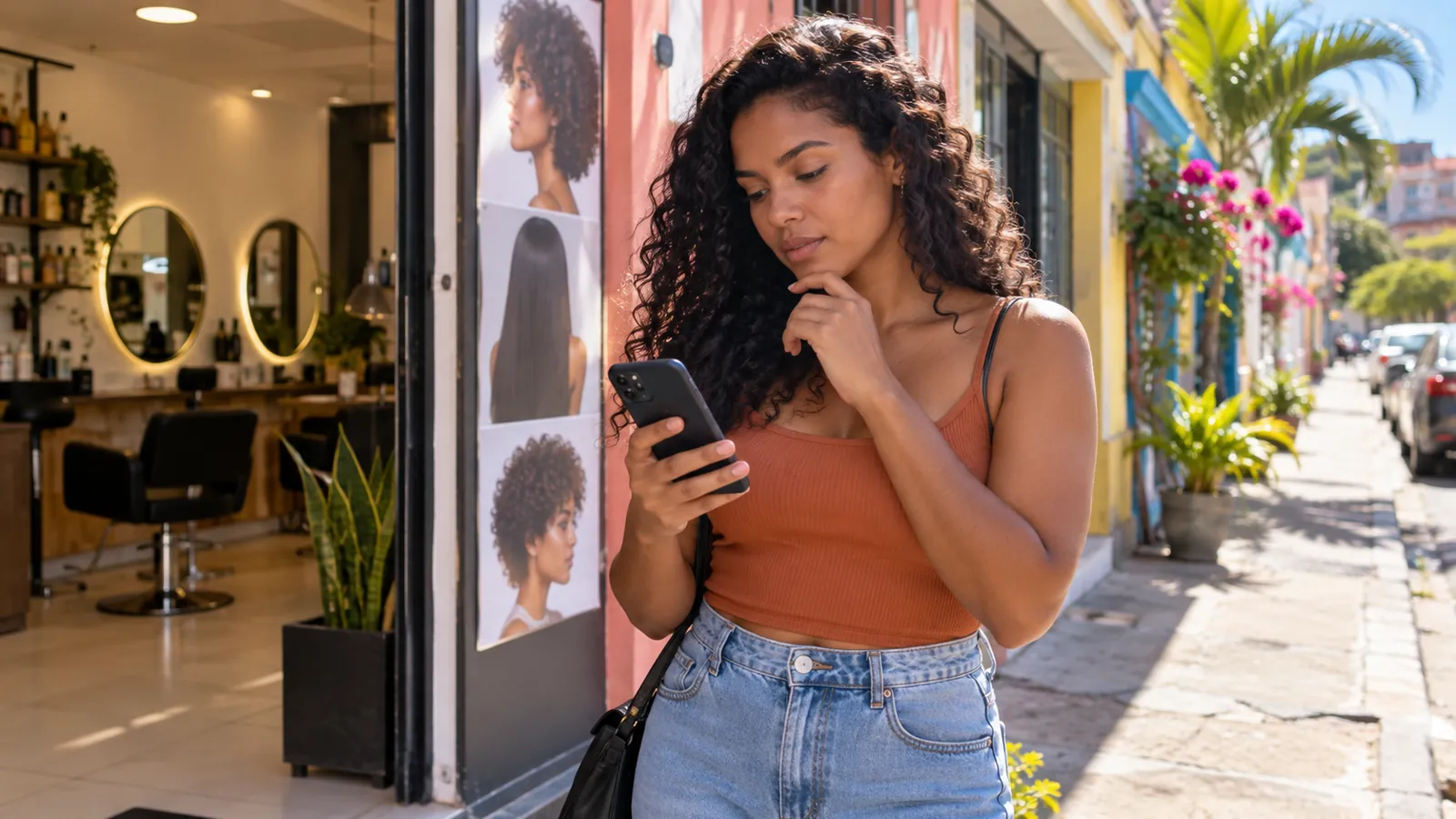 Mulher na calçada em frente a um salão revisando no celular uma avaliação que fez no Google