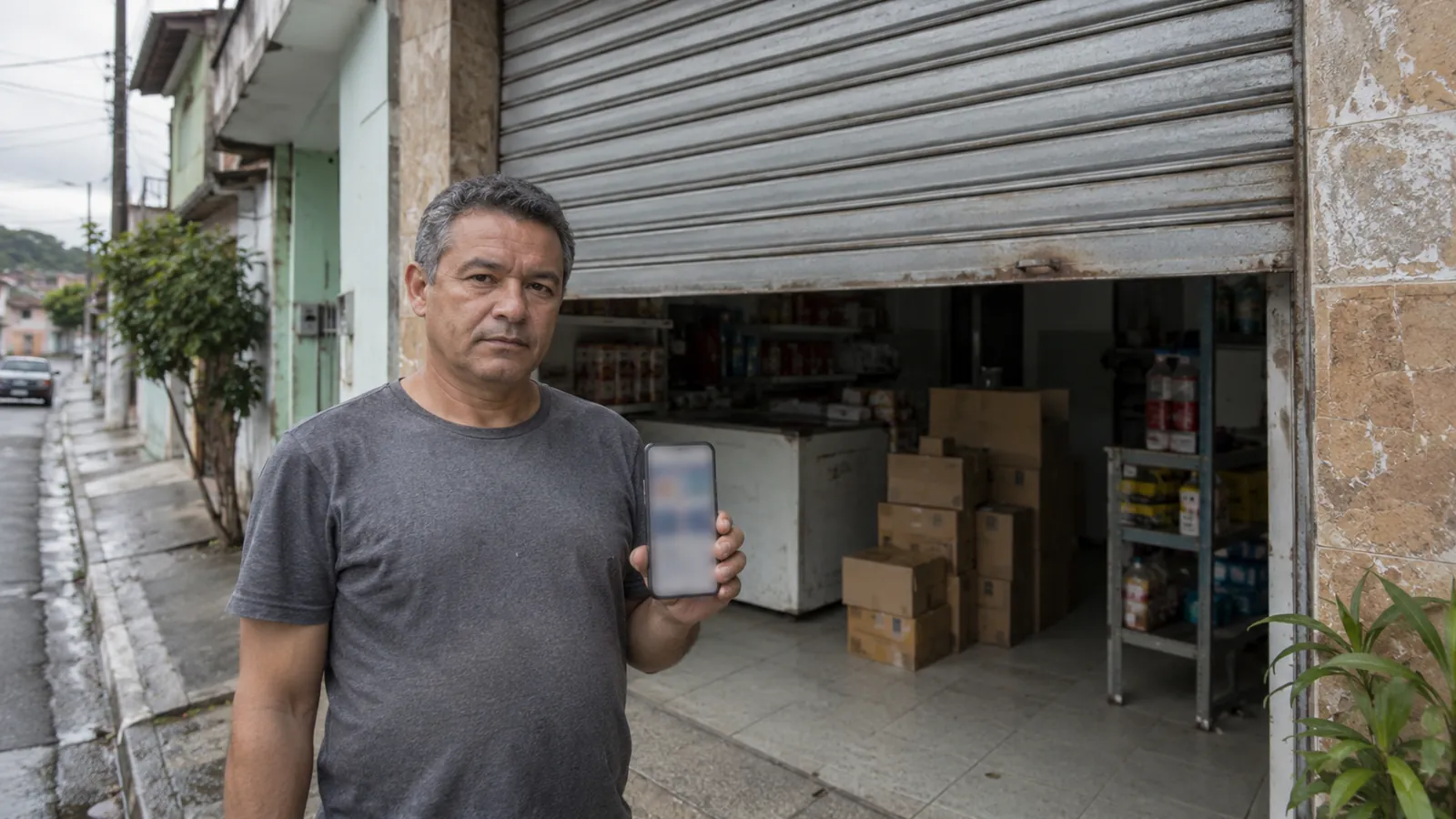 Comerciante em frente à loja fechada consultando o celular para tirar a empresa do Google Maps
