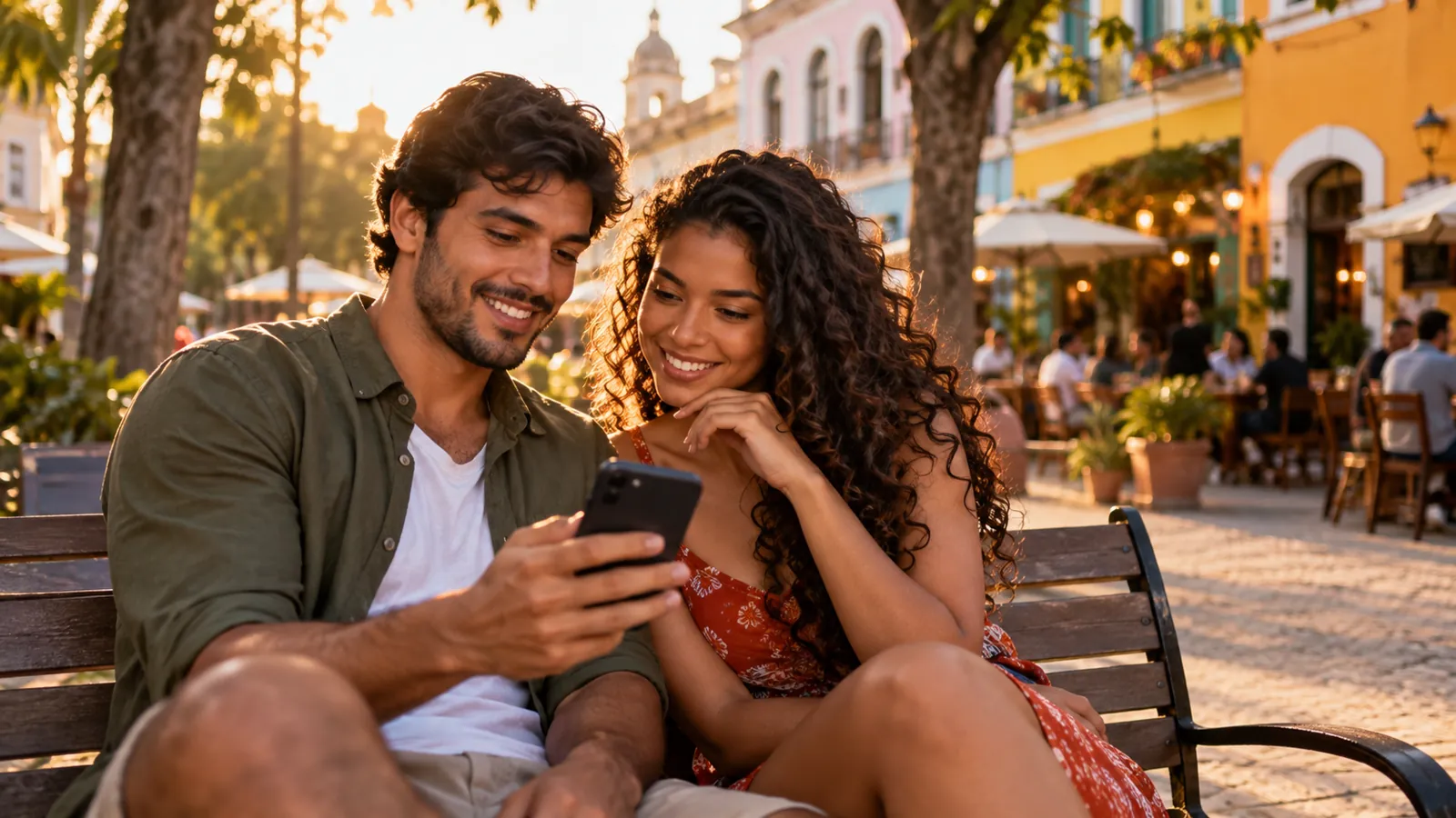 Casal pesquisa no celular onde comer no bairro, usando um assistente de inteligência artificial