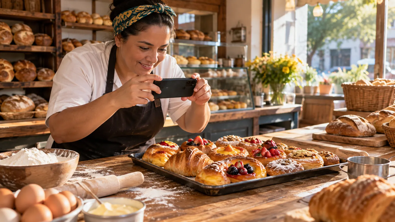Dona de padaria fotografa doces com o celular para publicar no Perfil da Empresa no Google