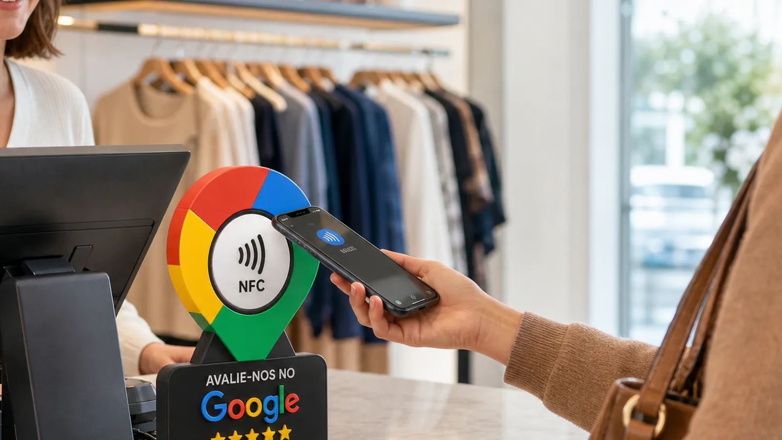 Cliente aproximando o celular de uma placa NFC de Instagram ao lado do espelho do provador