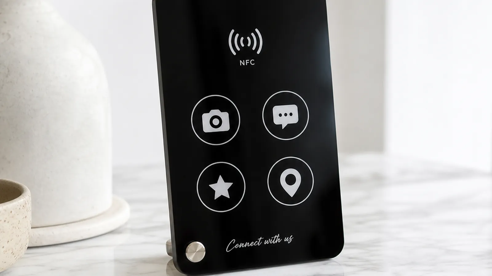 Mãos aproximando o celular de uma etiqueta NFC redonda sobre a mesa de um escritório