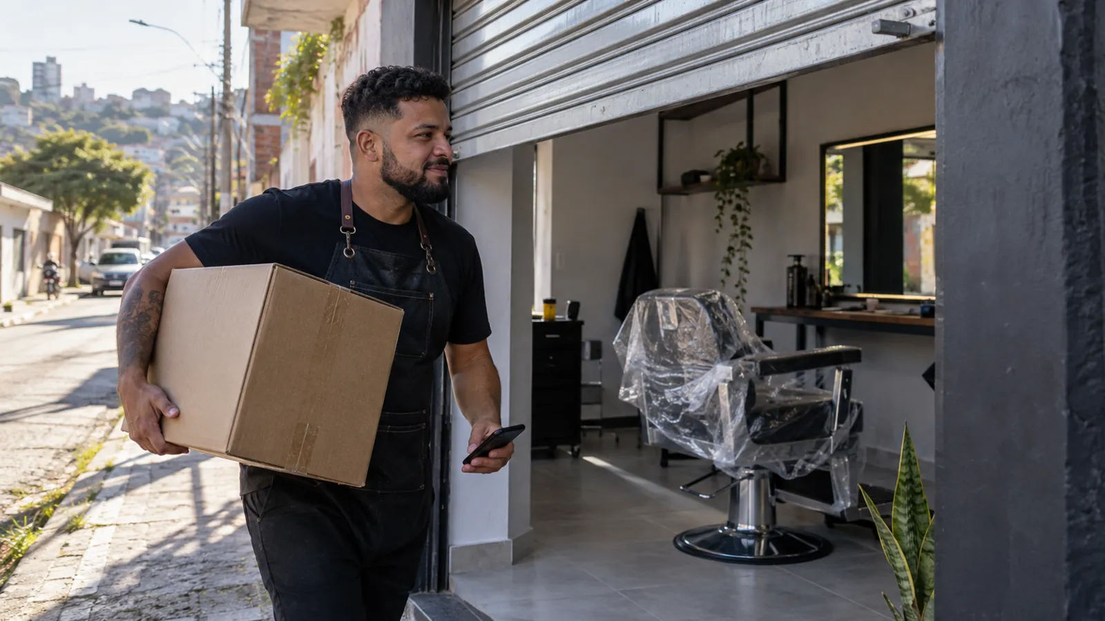 Dono de barbearia levando caixas para o novo ponto comercial