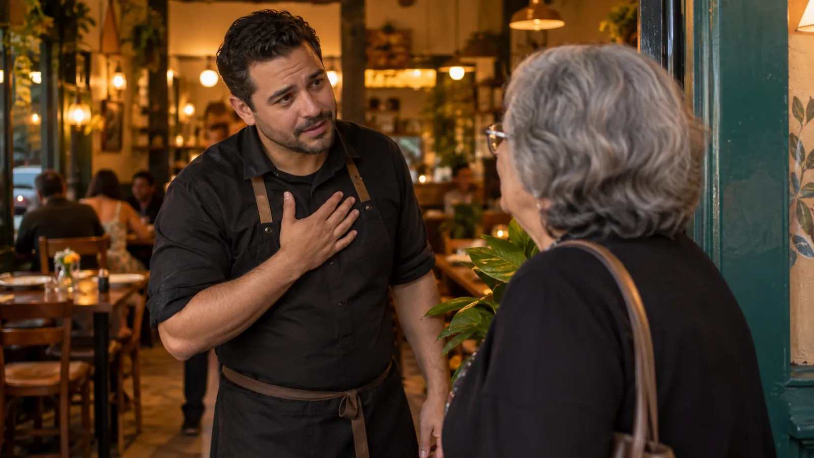 Gerente de restaurante conversando com uma cliente e pedindo desculpas na entrada