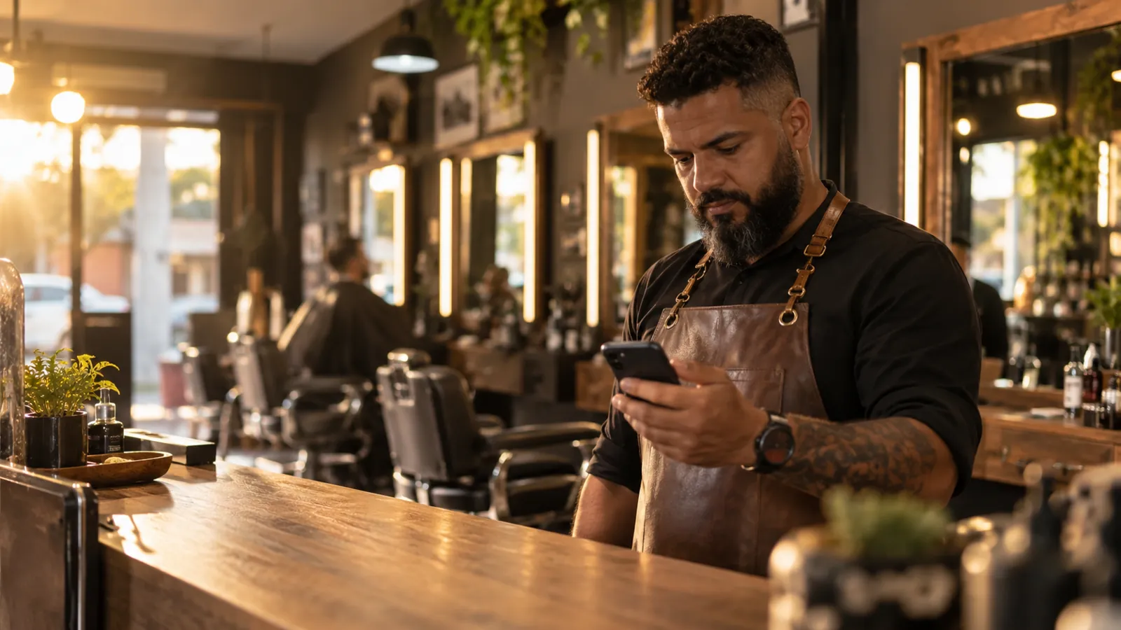 Dono de barbearia no balcão usando o celular para reivindicar a empresa no Google Maps
