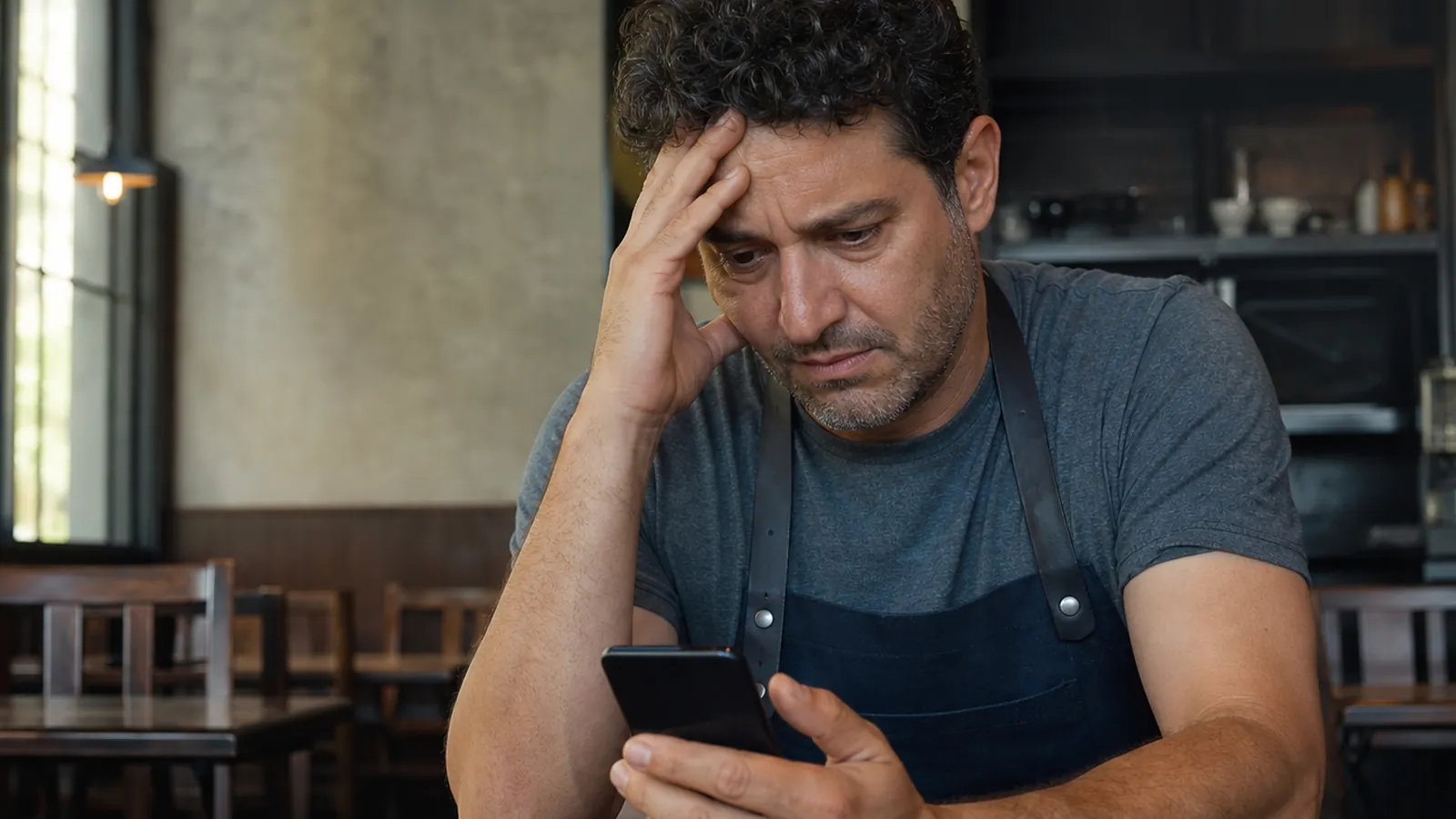 Dona de restaurante lendo uma avaliação de cliente no celular depois do expediente