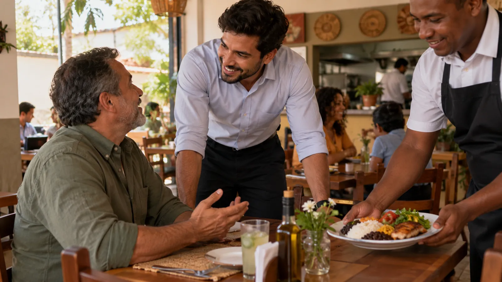 Gerente de restaurante conversando com cliente na mesa para resolver um problema