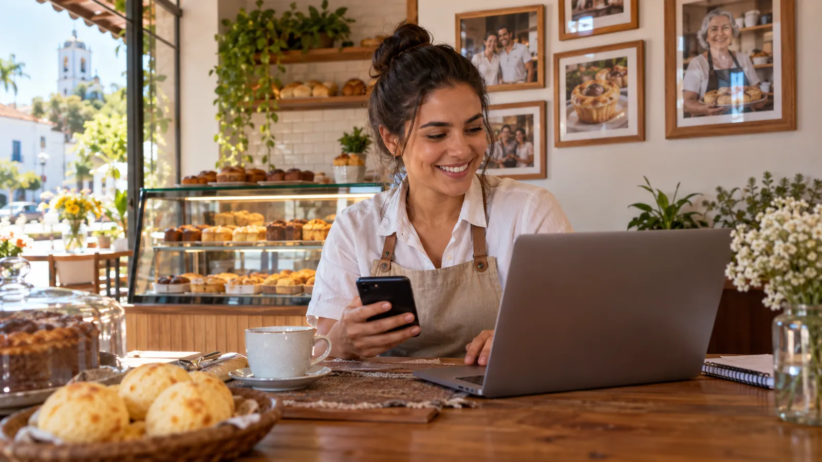 Dona de confeitaria organizando no celular e no notebook as avaliações dos clientes para as redes sociais